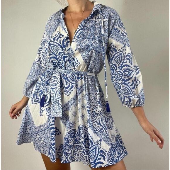 ZARA Belted Long Sleeve Mini Shirt Dress •L• Blue & White Flora Blogger Fave - Picture 1 of 10